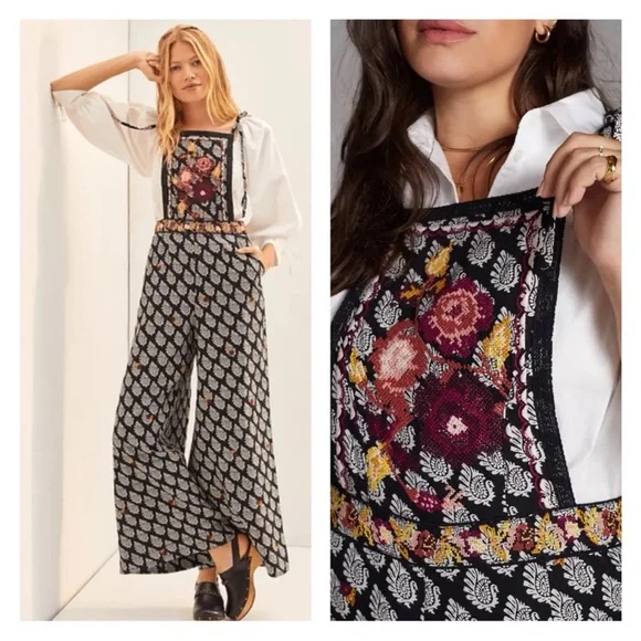 NWT ANTHRO Black Floral Embroidered Wide Leg Apron Jumpsuit Overalls Size 10 - Picture 1 of 16